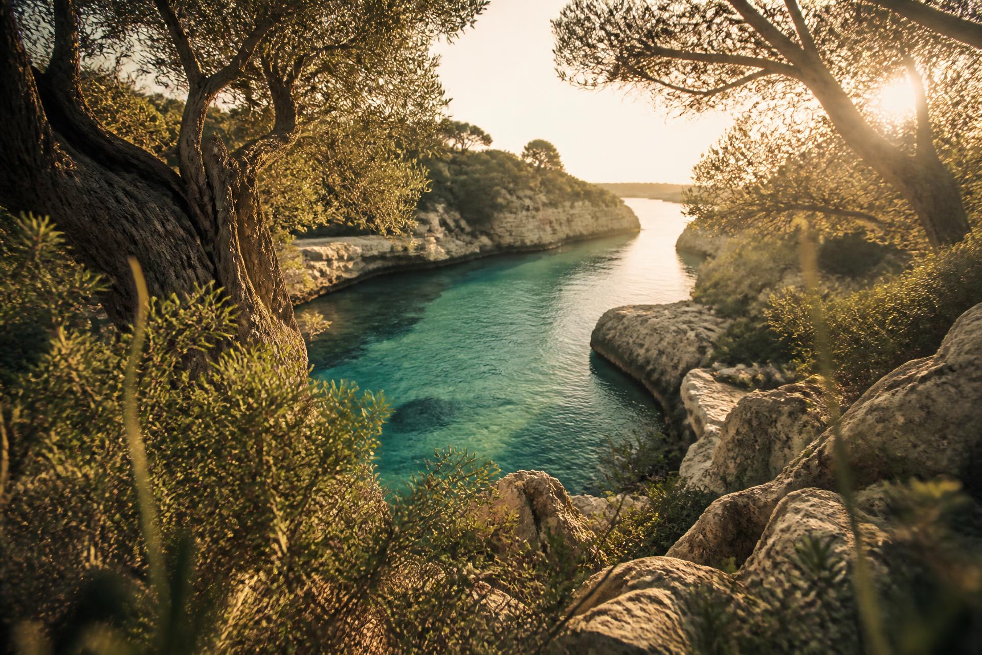 A hidden Mallorcan cala with turquoise water framed by ancient olive and pine trees at golden hour