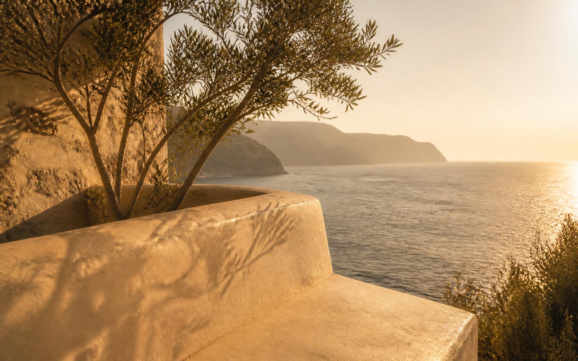 Golden hour over a Mallorcan terrace with olive trees above the sea