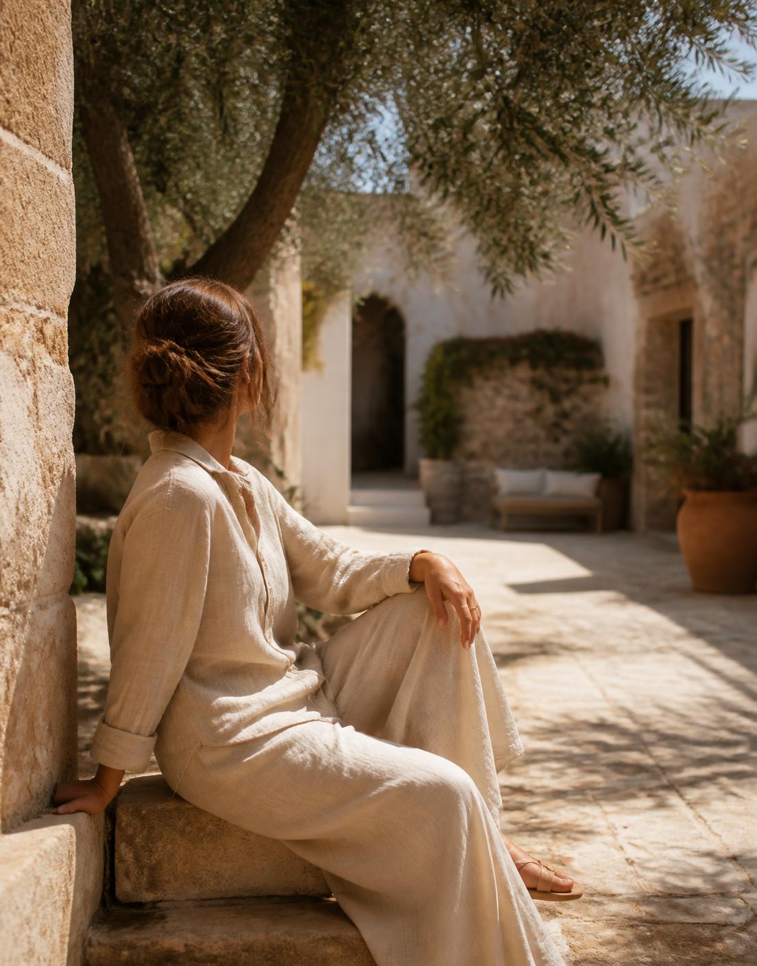 A woman resting in a sunlit Mallorcan courtyard beneath olive trees